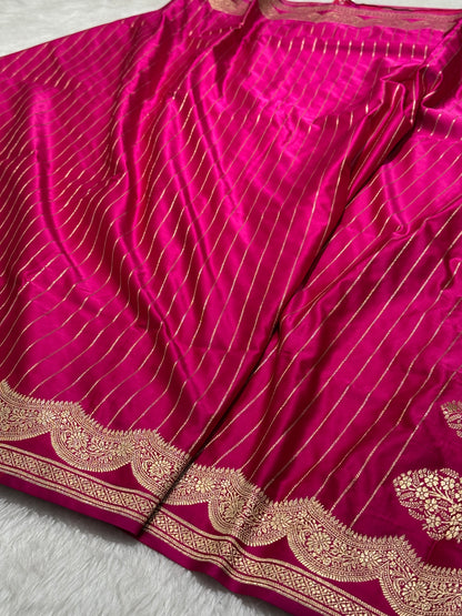 Pink Scallop Strip Mashru Silk Banarasi Saree MSS2