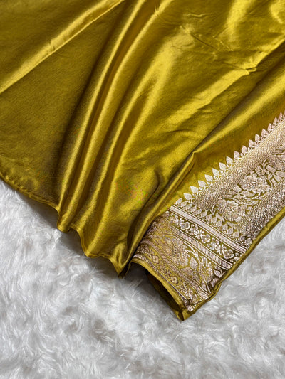 Dusty Mehendi Shades Banarasi Minakari Mashru Silk Saree With Cross Pattern MCS02