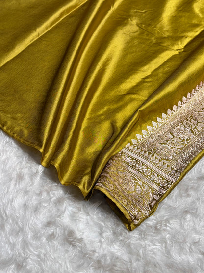 Dusty Mehendi Shades Banarasi Minakari Mashru Silk Saree With Cross Pattern MS02