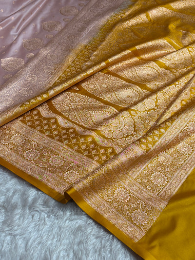 Banarasi Rose Gold with Mustard Booti Satin Katan Silk saree SK29