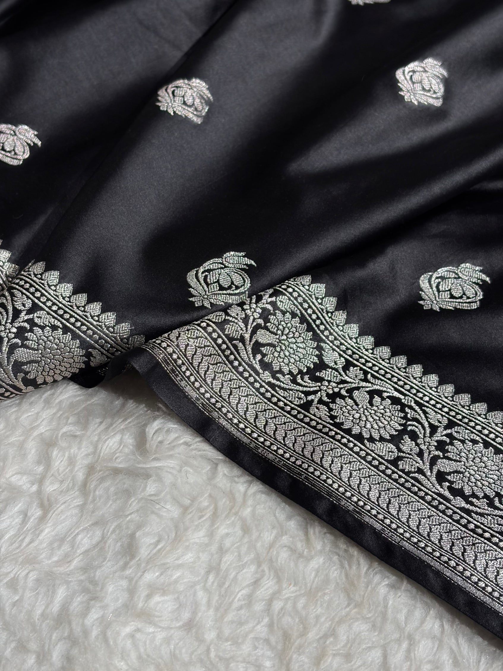Black Shades Mashru Silk Boota Pattern With Floral Border
