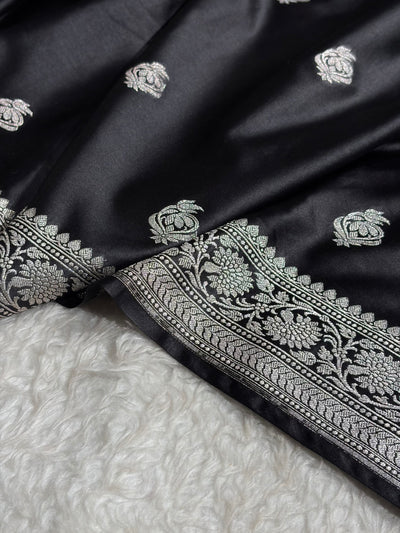 Black Shades Mashru Silk Boota Pattern With Floral Border