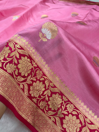 Banarasi Baby Pink With Rani Contrast Shades Minakari Boota Handwoven Pure Paper Silk RM-84