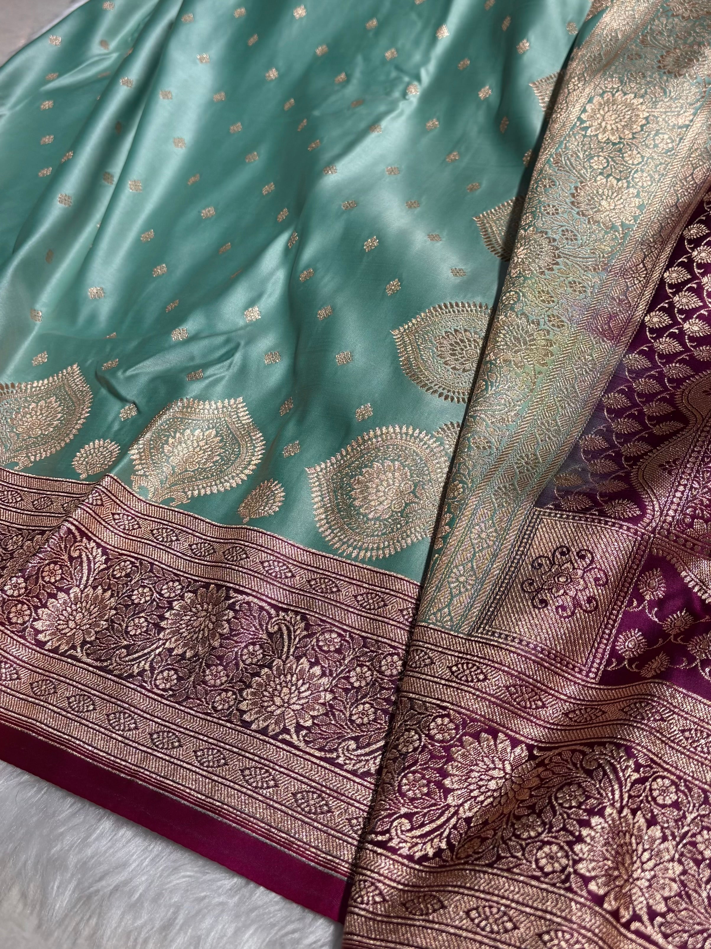 Sea Green with Rani Booti Satin Katan Silk saree SK29