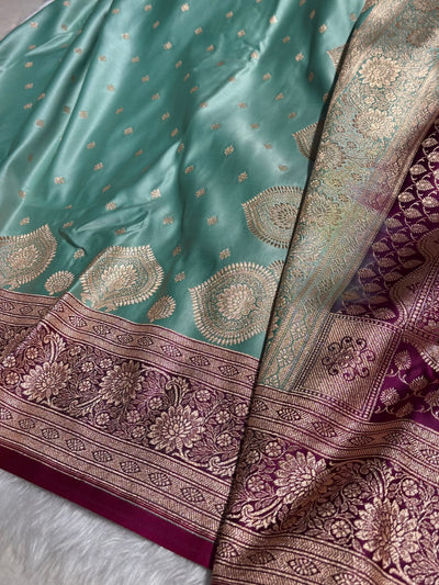 Sea Green with wine Booti Satin Katan Silk saree SK29