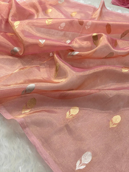 Light Peach Bananasi Floral Shades Pure Tissue Silk Saree PT-50