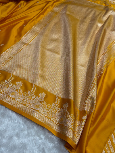 Banarasi Satin Katan Saree Booti Minakari Pattern in Mustard Shades SK136