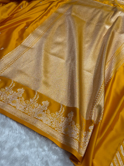 Banarasi Satin Katan Saree Booti Minakari Pattern in Mustard Shades SK136