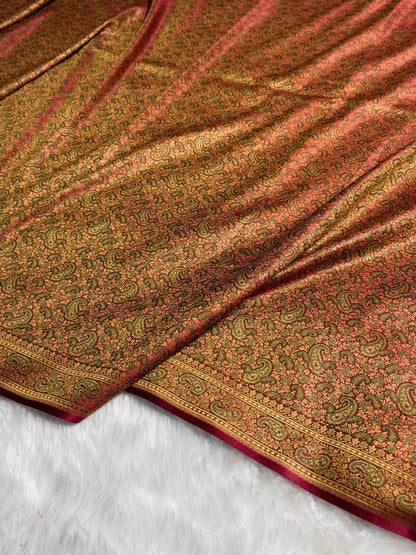 Greenish Maroon Jamawar Tanchoi Katan Silk Saree SKTM-11