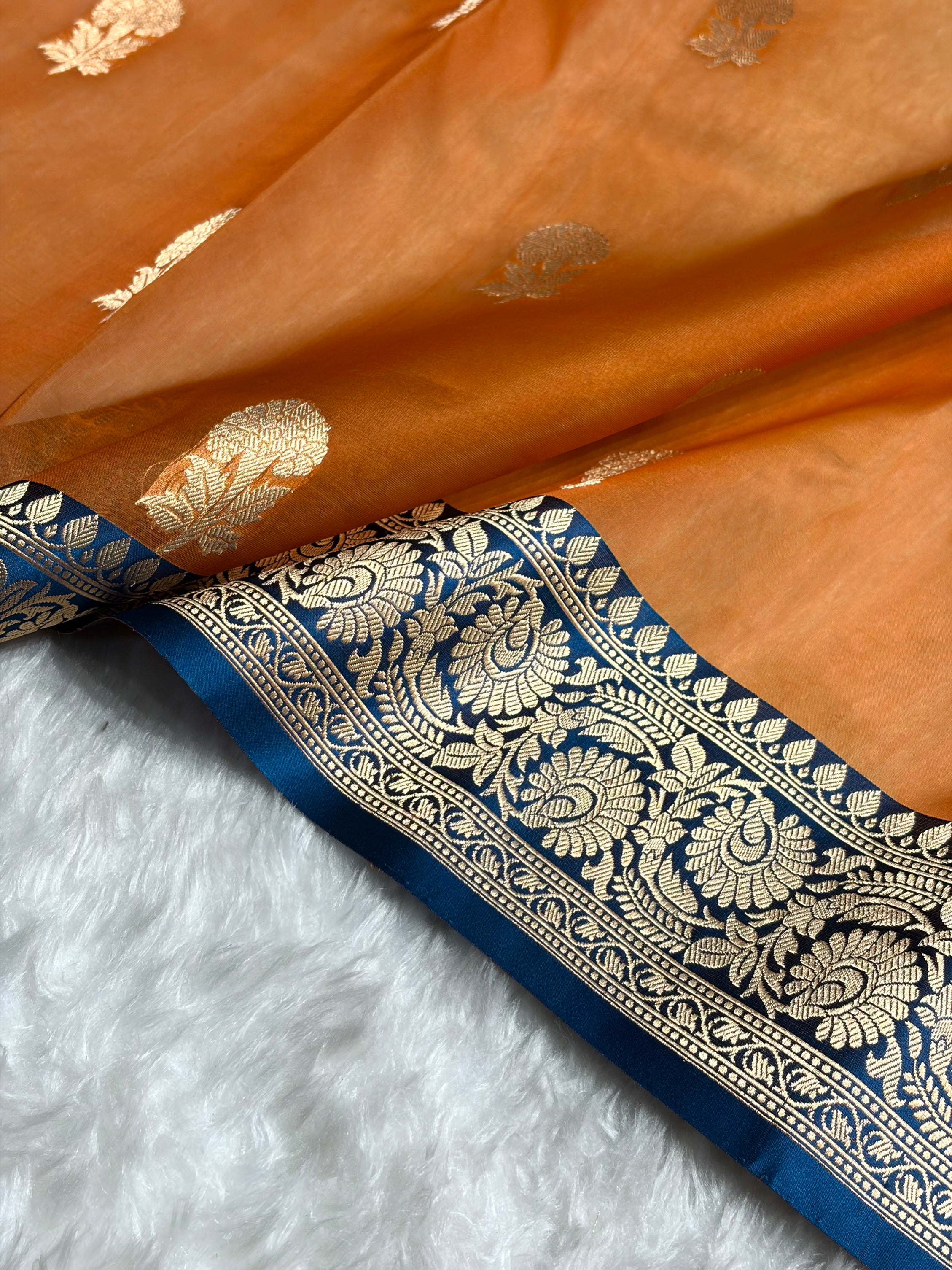 Contrast Banarasi Pure Organza Orange With Royal Blue Floral Banarasi Silk Saree PO-09