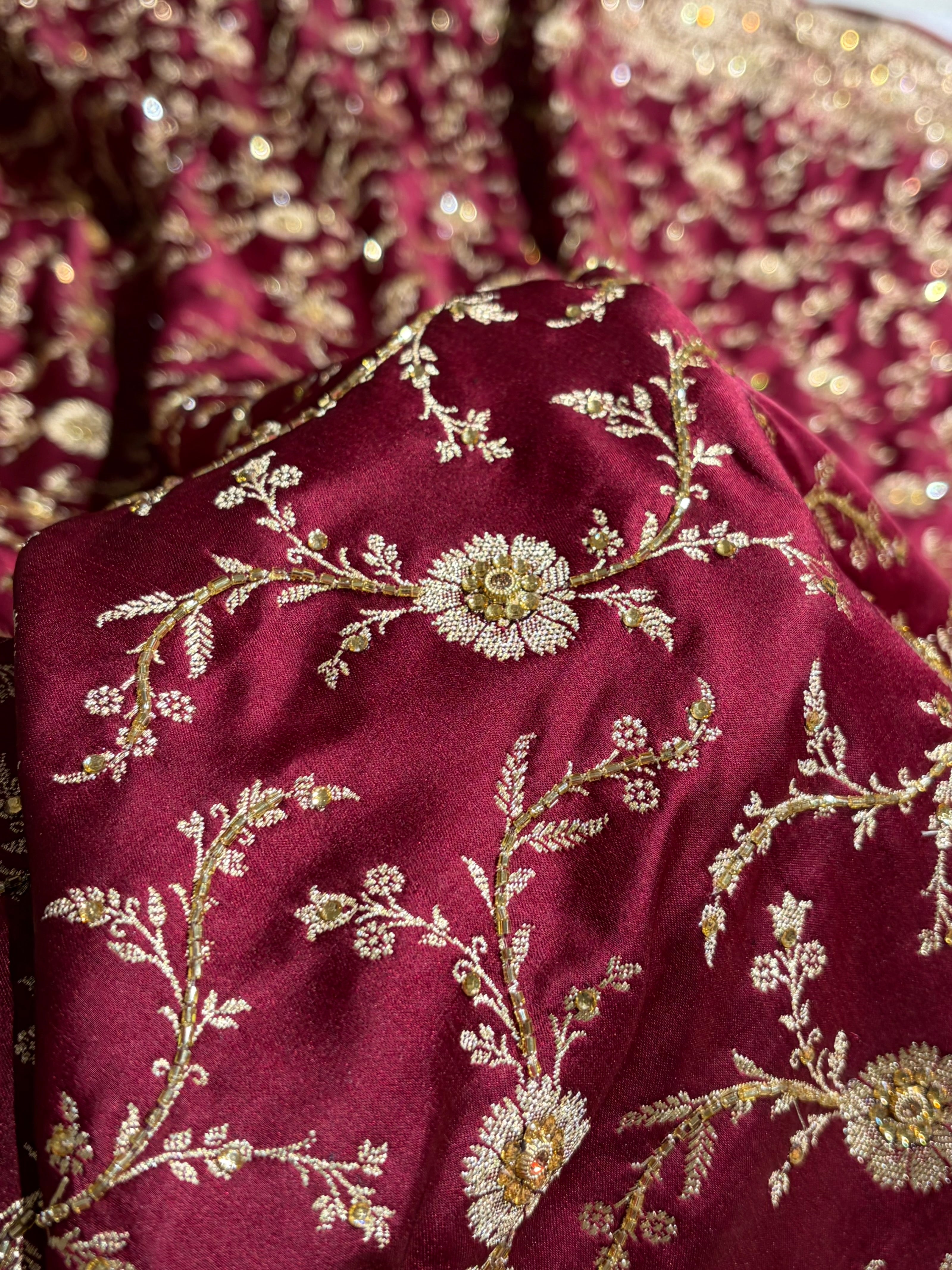 Garnet Shades Banarasi With Ari Zardozi Work Jaal Katan Silk Saree BSKM37
