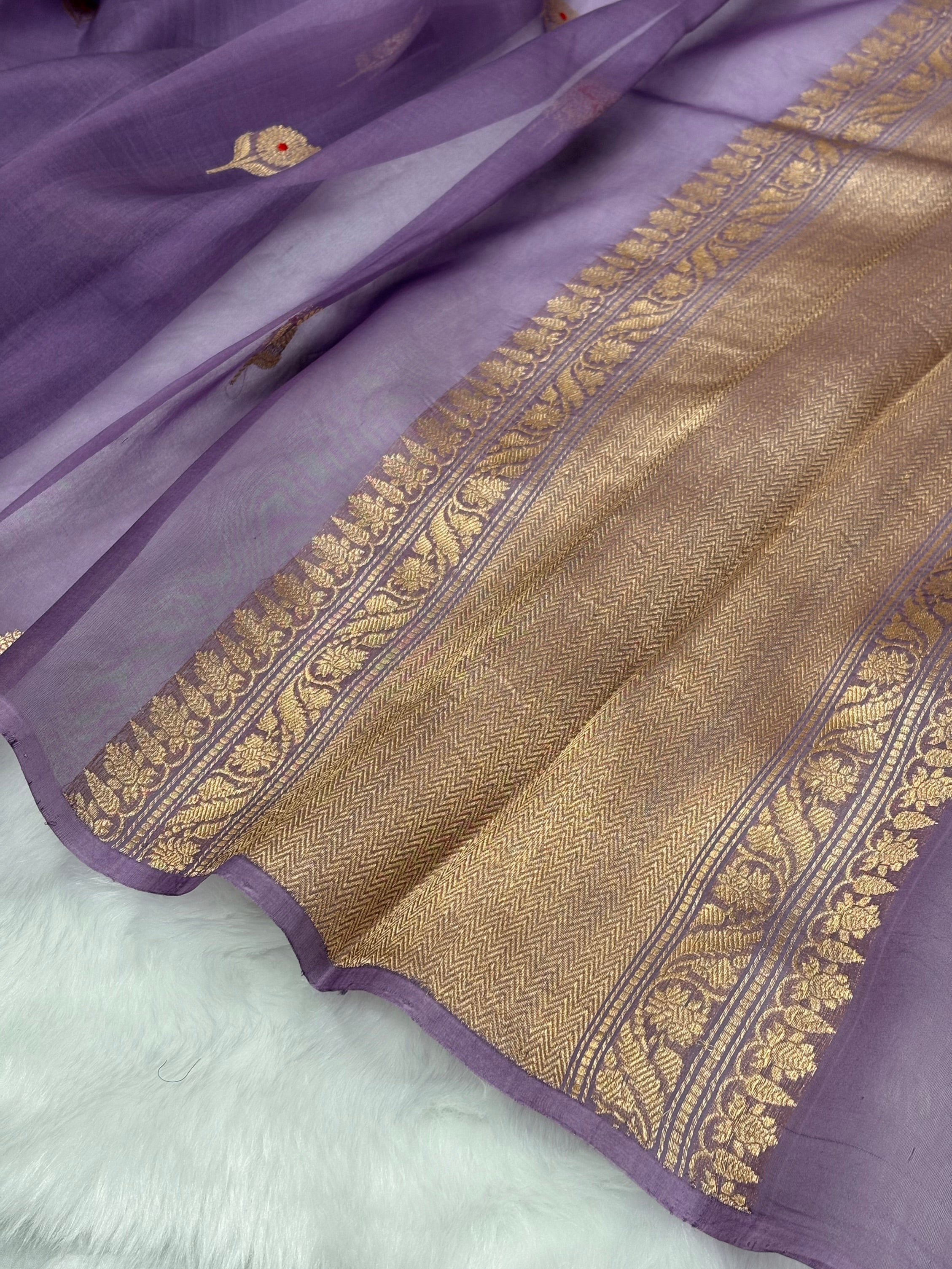 Pure Organza Dusty Lavender Meena Floral Banarasi Silk Saree PO-05