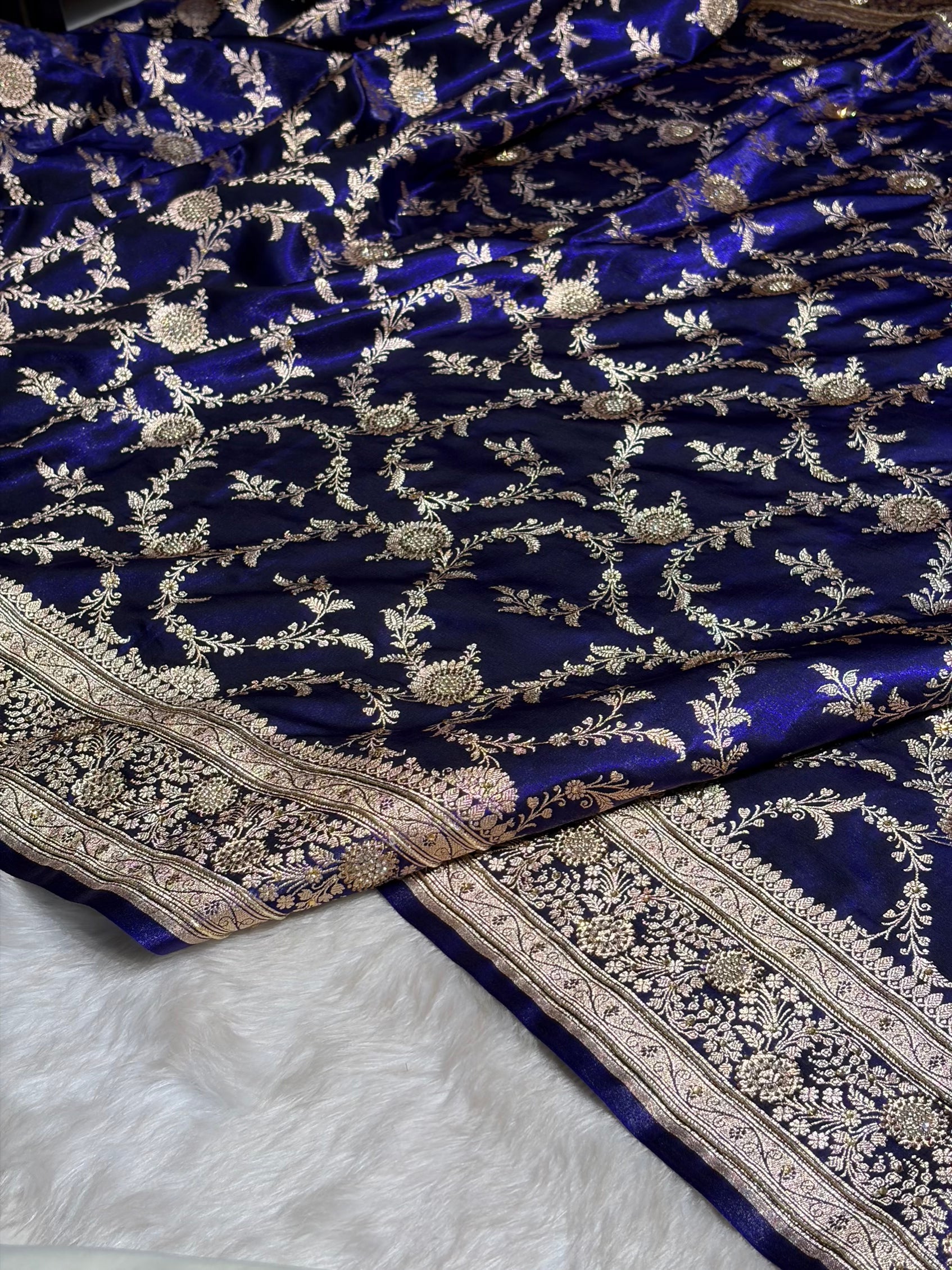 Satin Silk Banarasi Jaal in Royal Blue Shades with Work BSS14