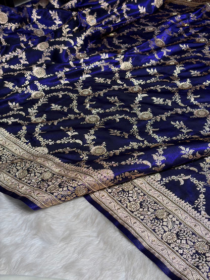 Satin Silk Banarasi Jaal in Royal Blue Shades with Work BSS14