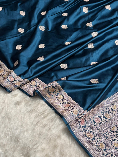 Dark German Blue Minakari Boota Mashru Silk Saree MCS16