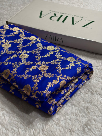 Royal Blue Shades Jaal Floral Pattern Satin Katan Silk Saree SK80
