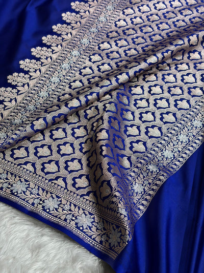 Royal Blue Shades Plain Banarasi With Minakari Floral Border Mashru Silk Saree MSM-123