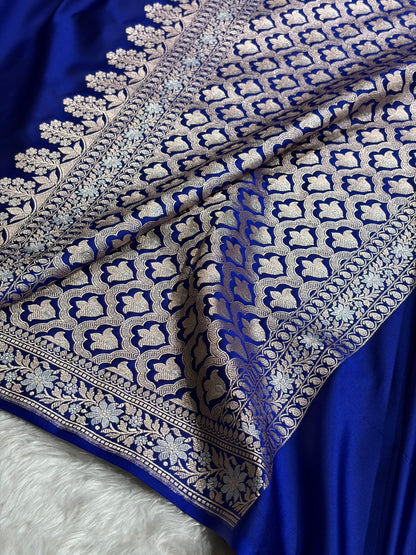 Royal Blue Shades Plain Banarasi With Minakari Floral Border Mashru Silk Saree MSM-123