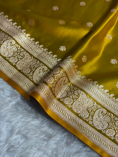 Banarasi Satin Katan Saree With Boota Pattern in Mahndi Shades SK127