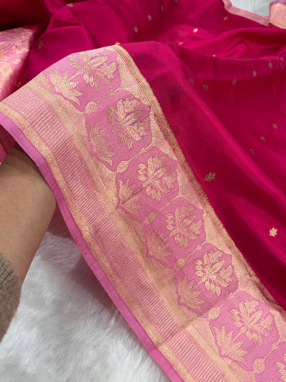 Banarasi Dark Rani With Baby Pink Contrast Shades Handwoven Pure Paper Silk Saree RM-89