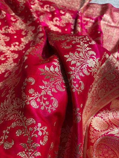 Cross Rani Shades Jaal Pattern Banarasi Satin Silk Saree SS49
