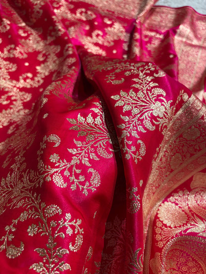 Cross Rani Shades Jaal Pattern Banarasi Satin Silk Saree SS49