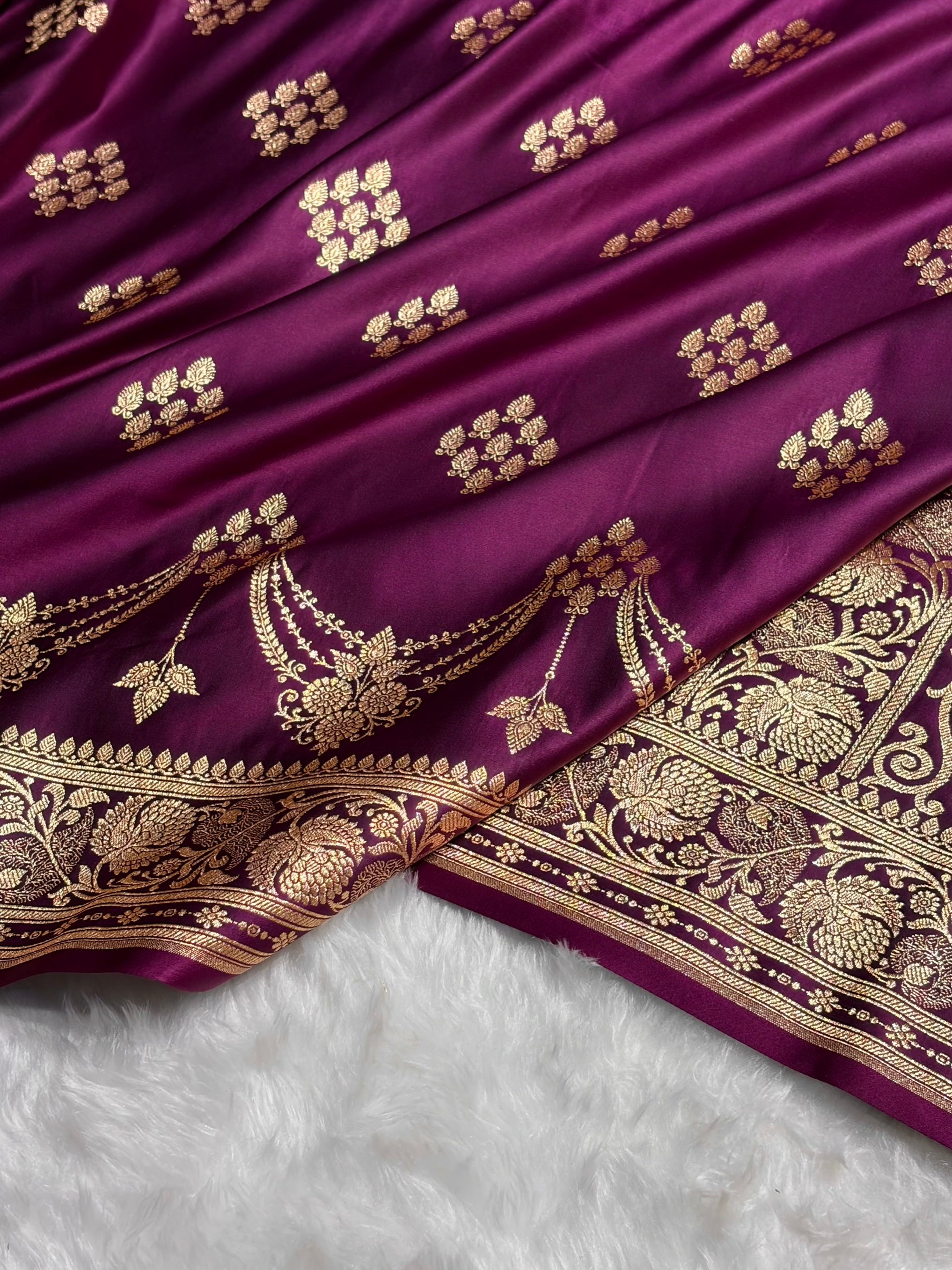 Wine Floral Boota Satin Katan Silk saree SK34