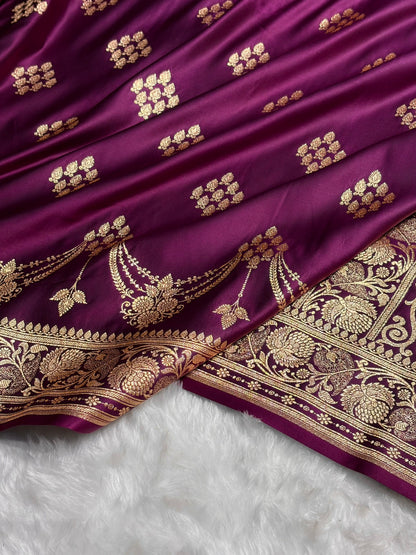 Wine Floral Boota Satin Katan Silk saree SK34