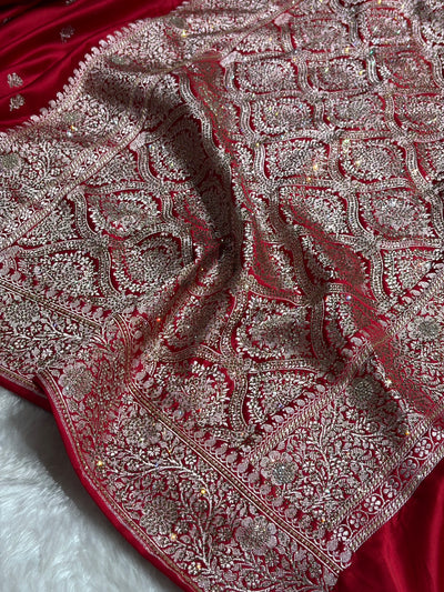 Maroon With Swarovski Work Booti Mashru Silk Saree BMCS40