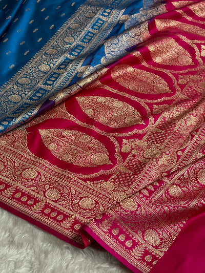 Contrast Firozi / Rani Floral Booti Banarasi Satin Katan Silk Saree SK14