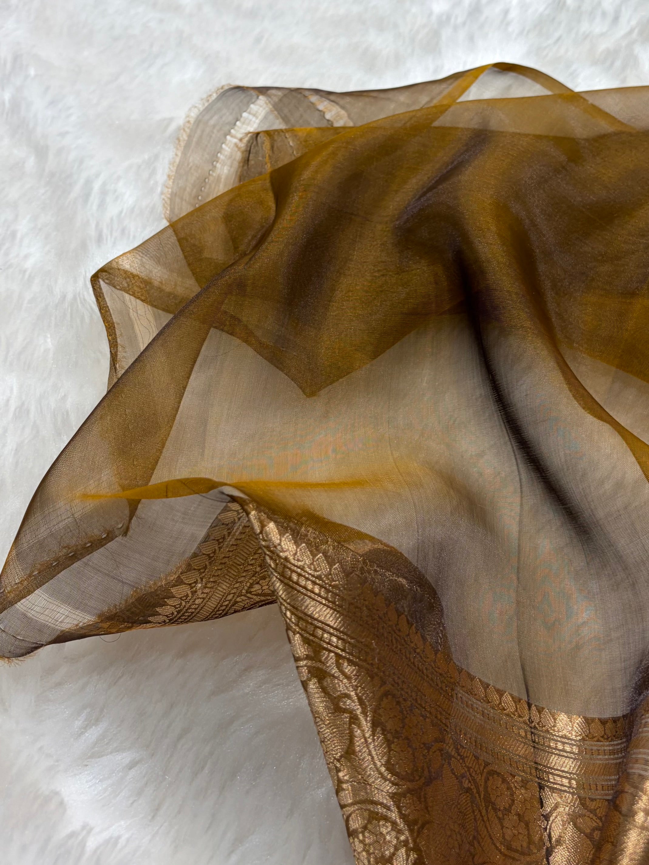 Dark Mustard Bananasi Floral Shades Pure Tissue Silk Saree PT-38