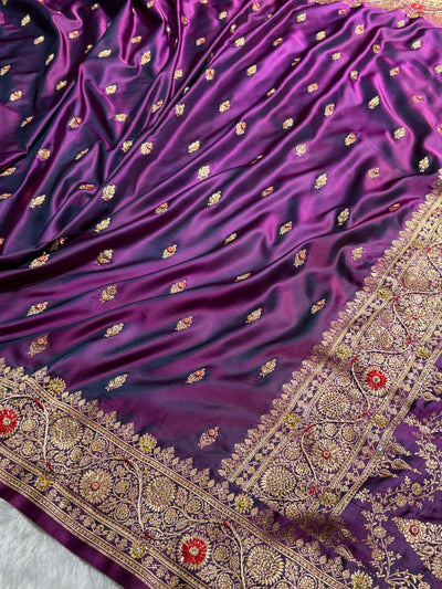 Banarasi Wine Satin Katan Silk Saree with Zardozy work BSK82