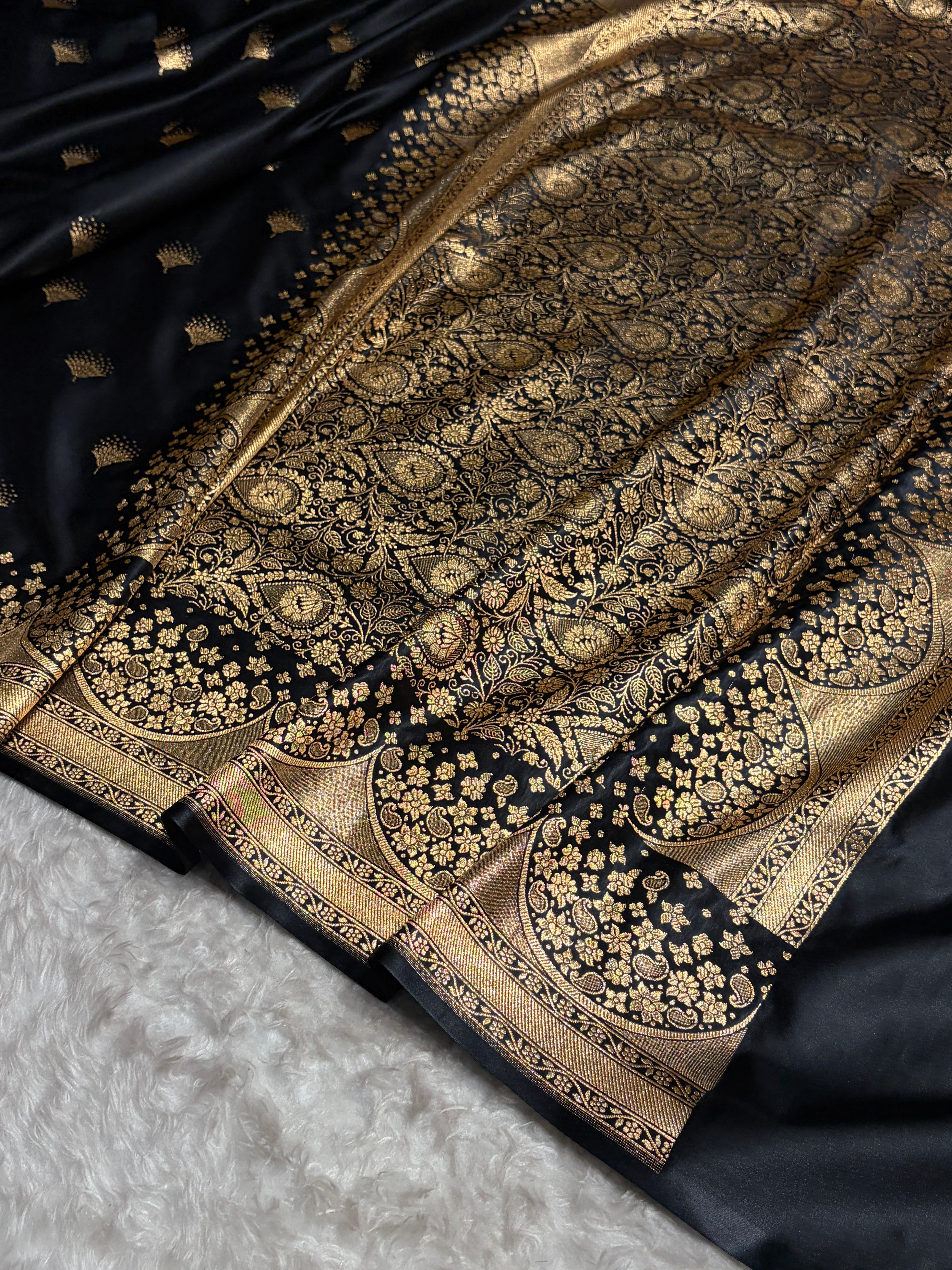 Black Floral Banasari Pattern Satin Katan Silk Saree SK83