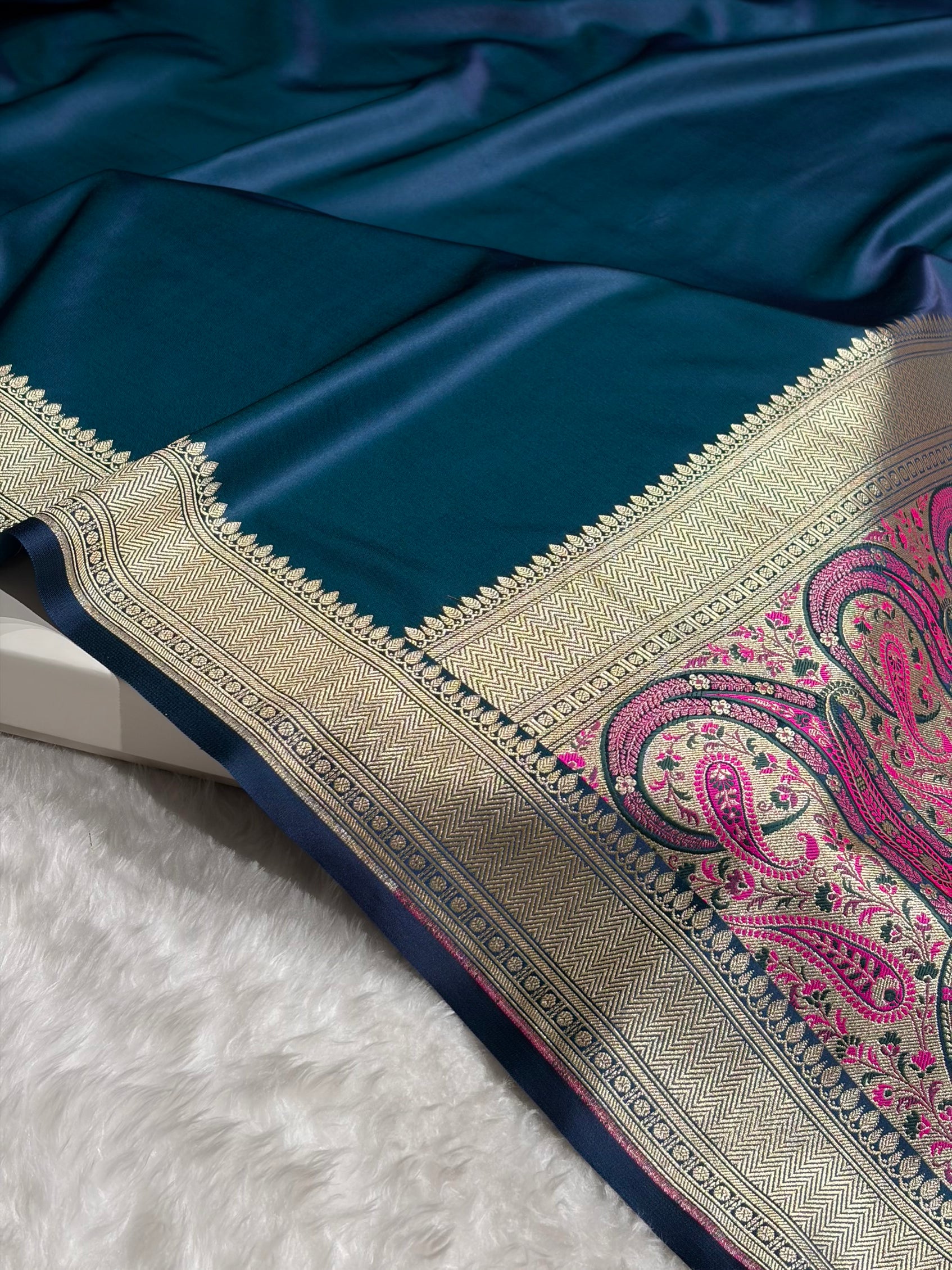 German Blue Shades Banarasi With Plain & Minakari Floral Border Mashru Silk Saree MSM-129