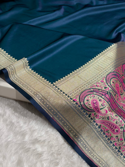 German Blue Shades Banarasi With Plain & Minakari Floral Border Mashru Silk Saree MSM-129