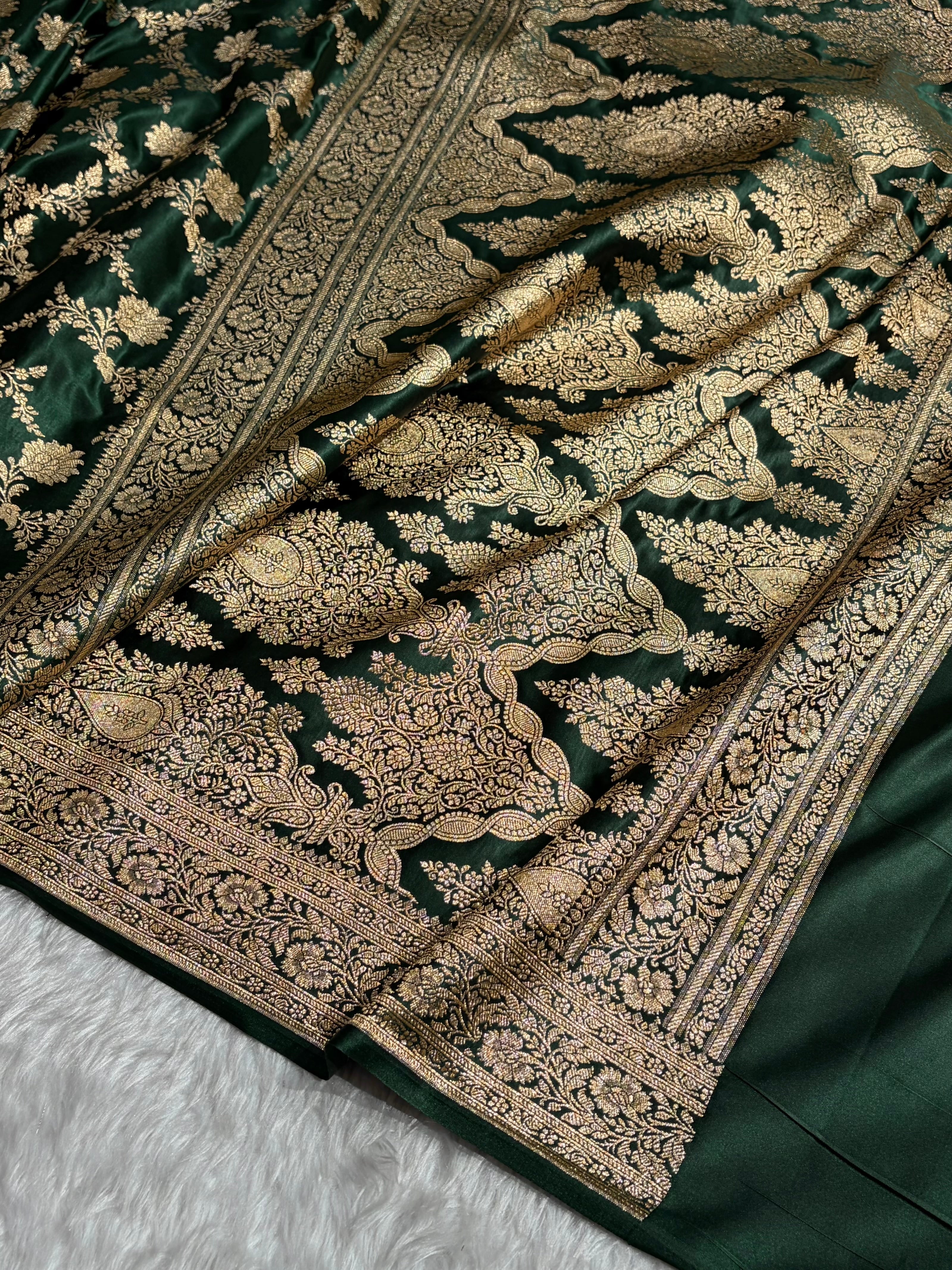 Banarasi Satin Katan Saree Floral Jaal Pattern in Dark Bottle Green Shades SK144