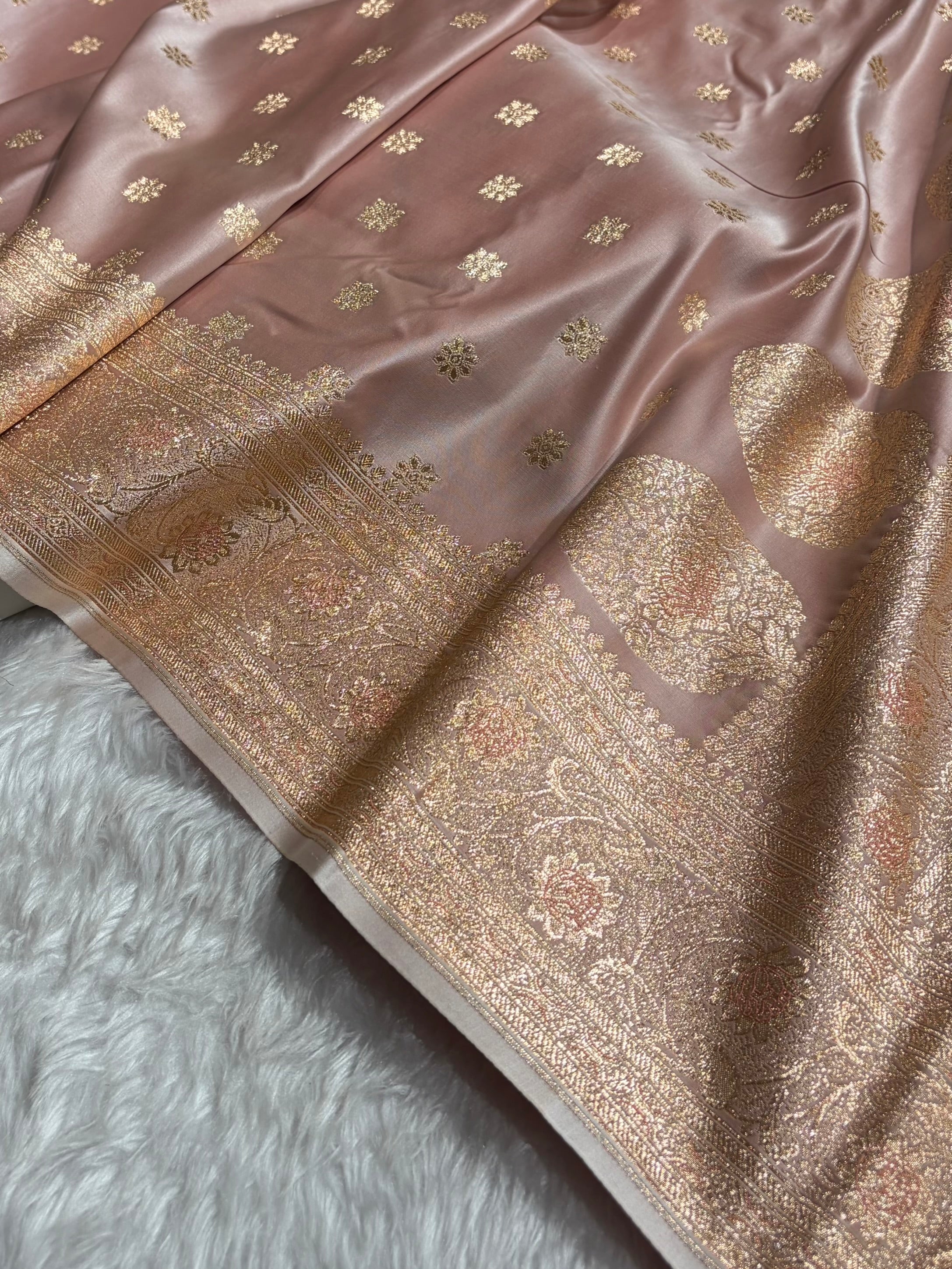 Rose Gold Banarasi Minakari Boota Katan Silk Saree