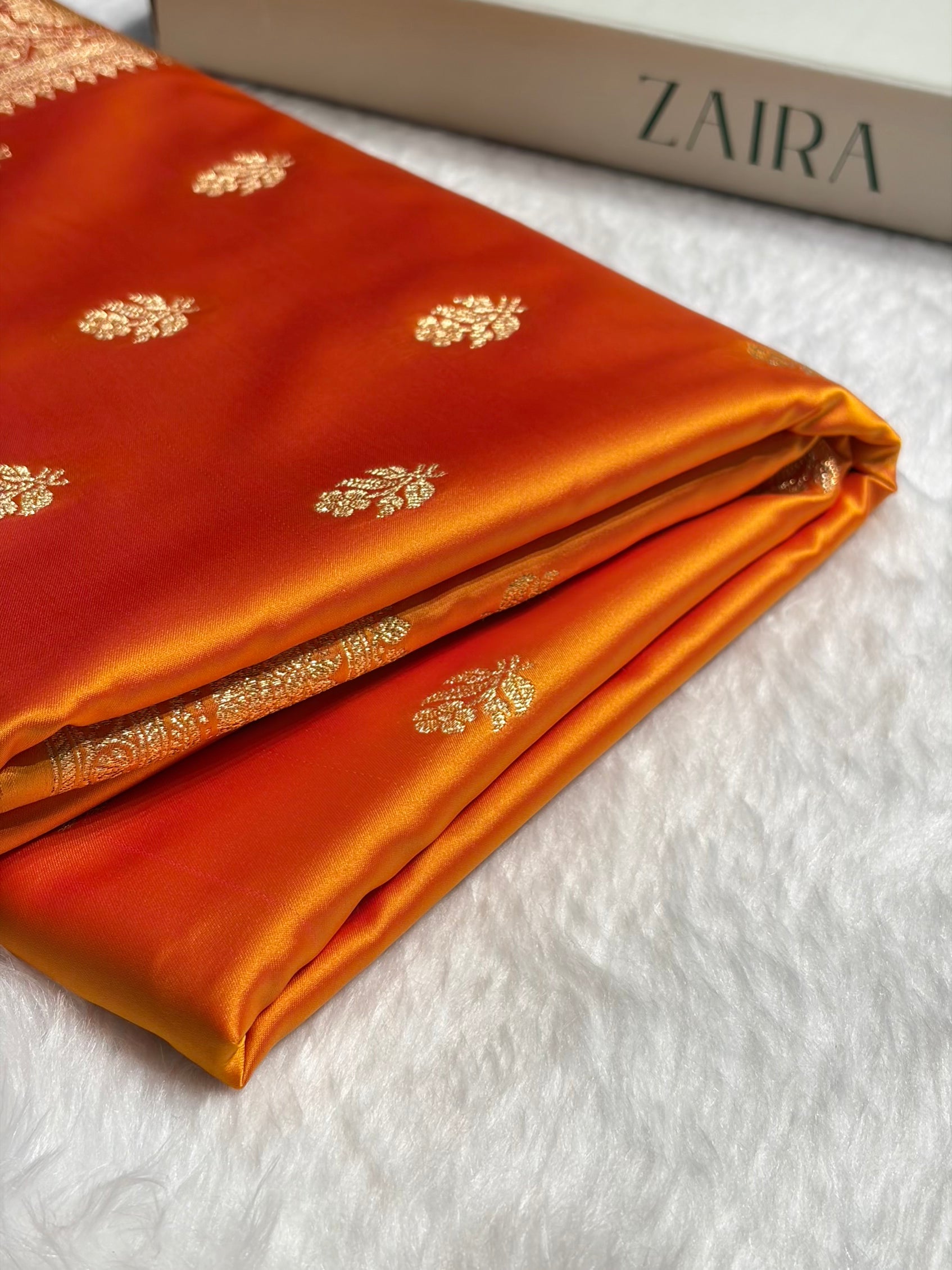 Fire Gold Floral Boota Pattern Satin Katan Silk Saree SK71