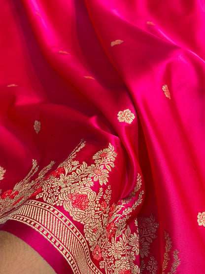 Banarasi Satin Katan Saree Booti Minakari Pattern in Rani Shades SK136