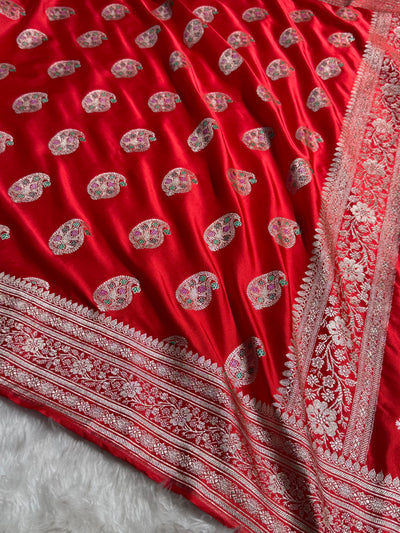 Red With Bananasi Minakari Boota Mashru Silk Saree MCS81