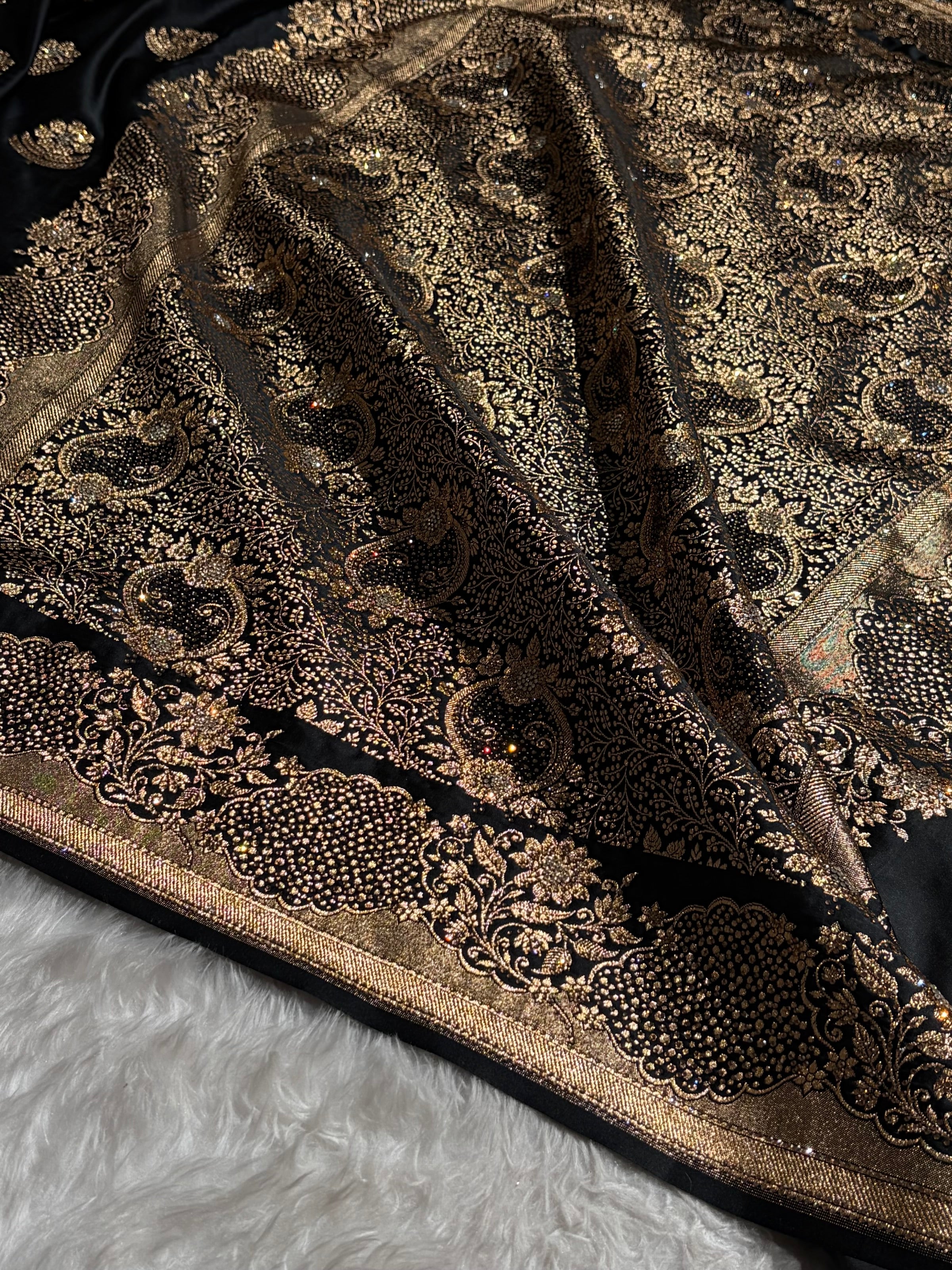 Black Unique Swarovski Stone Work Boota Pattern Satin Katan Silk Saree BSK70