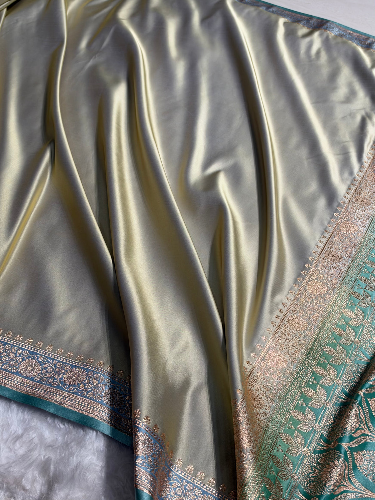 Banarasi Satin Katan Saree in Contrast Dusty Beige - Sea Green Shades SK131