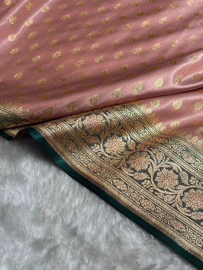 Banarasi Contrast Satin Silk Booti in Rose Gold With Peacock Shades SS01
