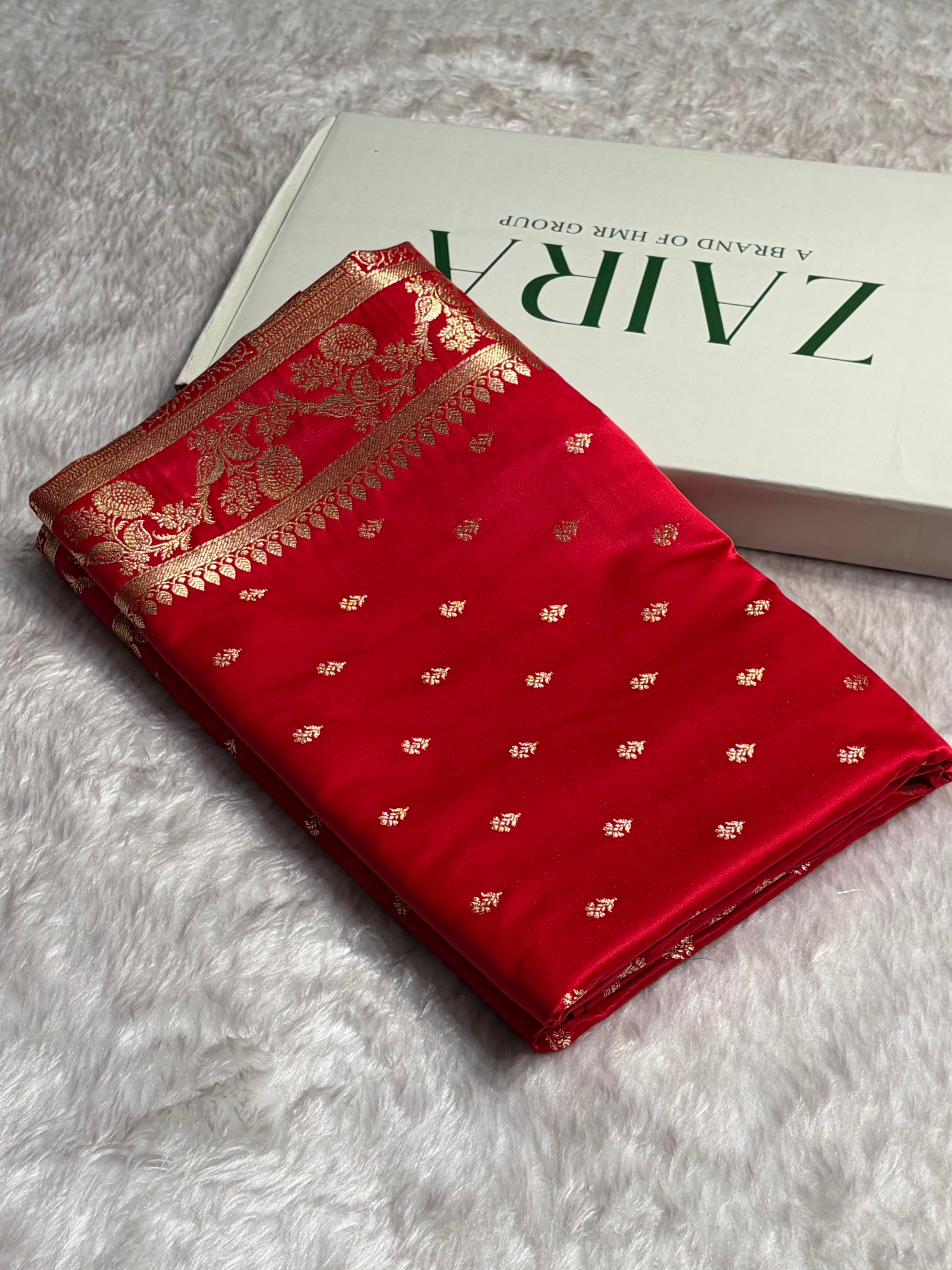 Red Floral Pattern Satin Katan Silk Saree SK77