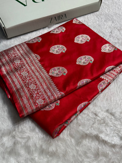 Red With Bananasi Minakari Boota Mashru Silk Saree MCS81