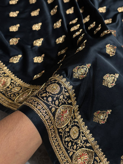 Banarasi Satin Katan Saree With Aari Zardozi Work Boota in Black Shades BSK98