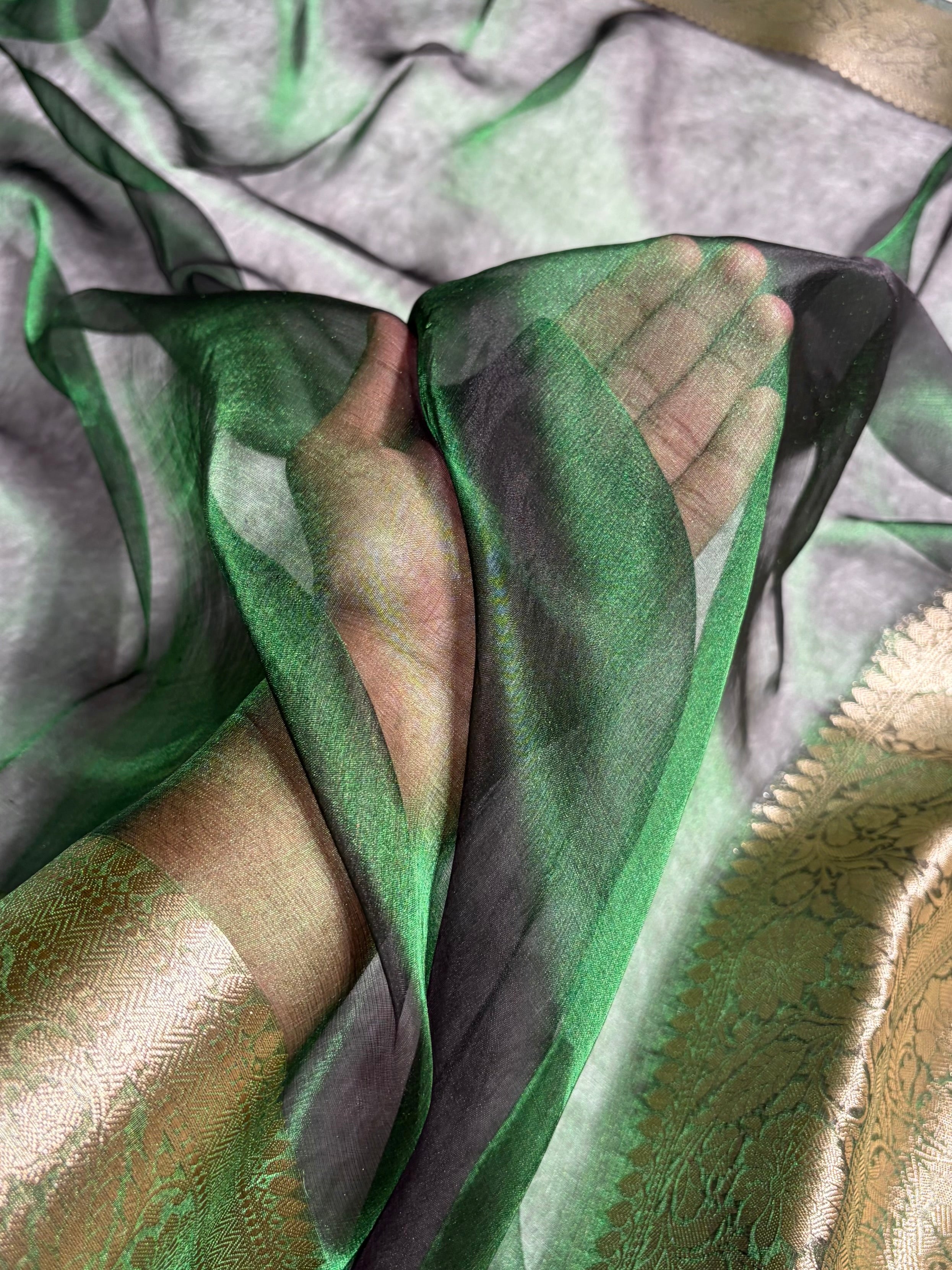 Banarasi Bottle Green Shades Pure Tissue Silk Saree PT-60