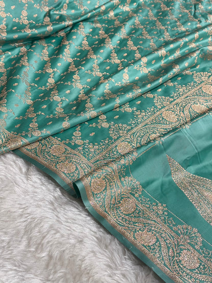 Banarasi Satin Katan Saree Jaal Pattern In Sea Green Shades SK133