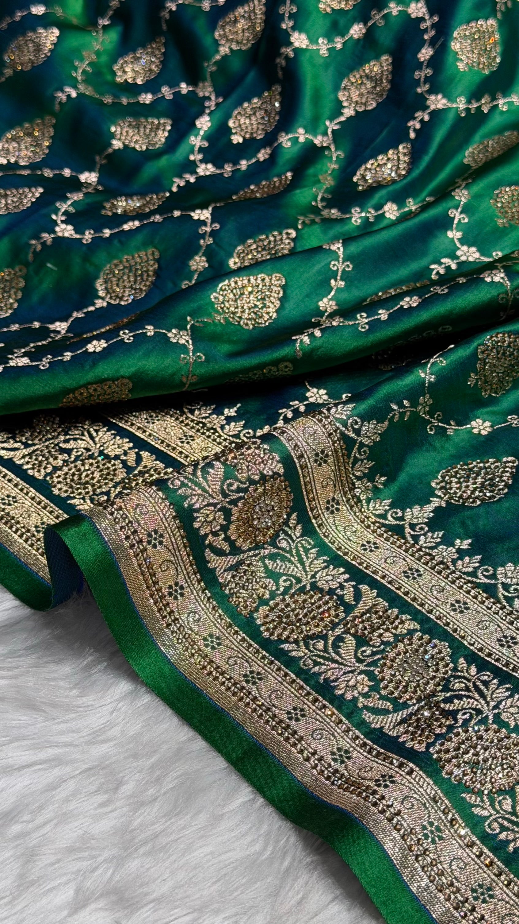 Cross Green Floral Jaal Pattern Satin Katan Silk saree BSK42