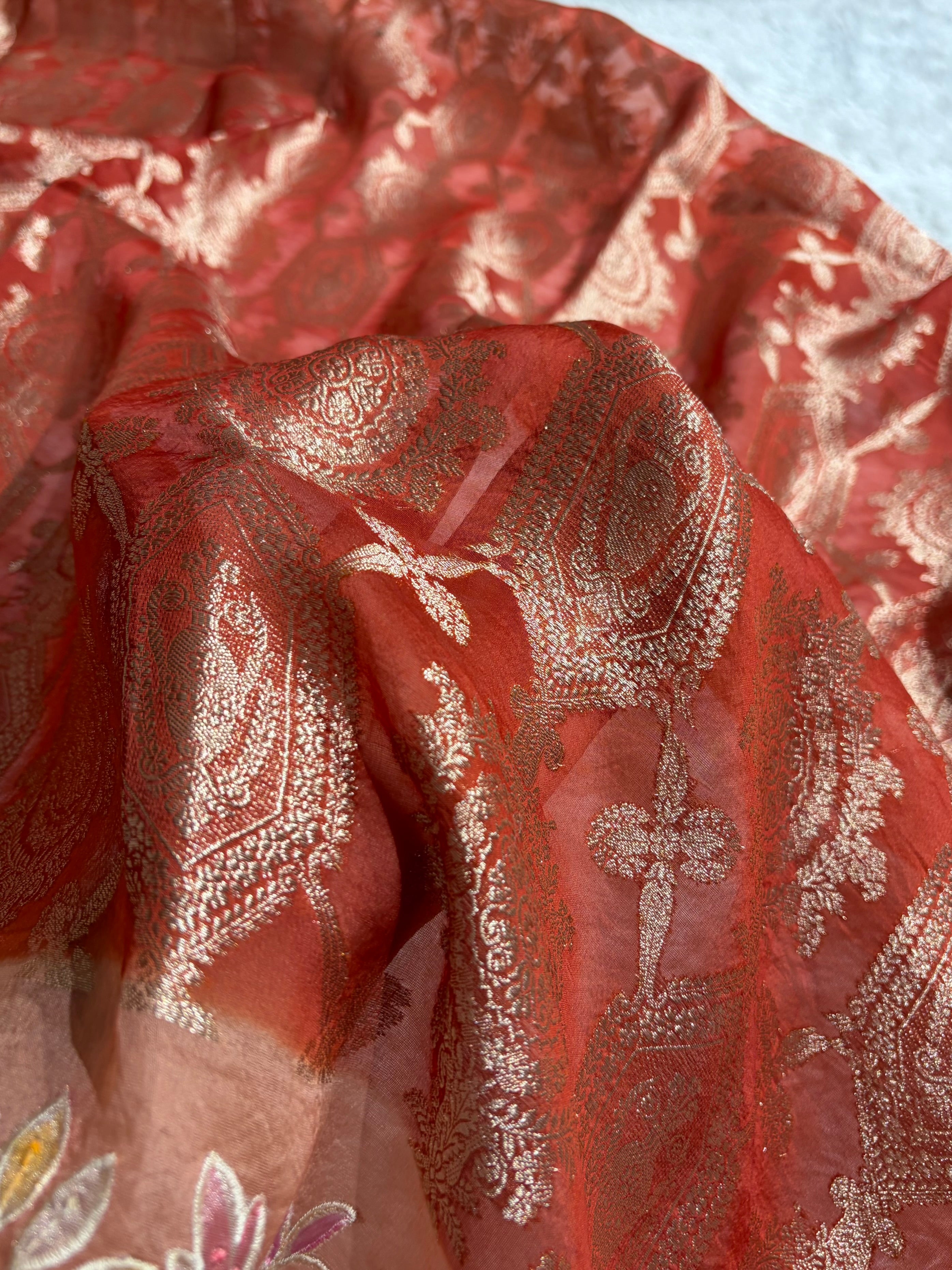Banarasi Pure Organza Contrast Red With Light Peach Shades Banarasi Silk Saree PO-41